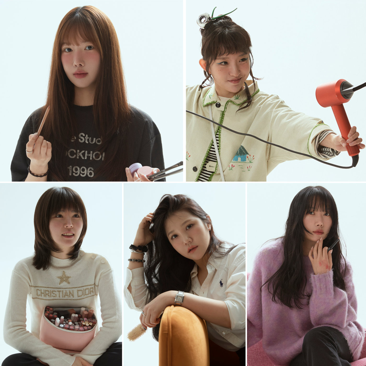 Beauty looks of multiple individuals who created K-idol makeup and hair styles