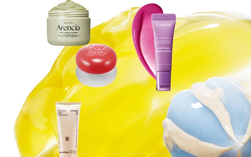 Product photos showing K-Beauty skincare and cleansing products arranged on a yellow and blue background