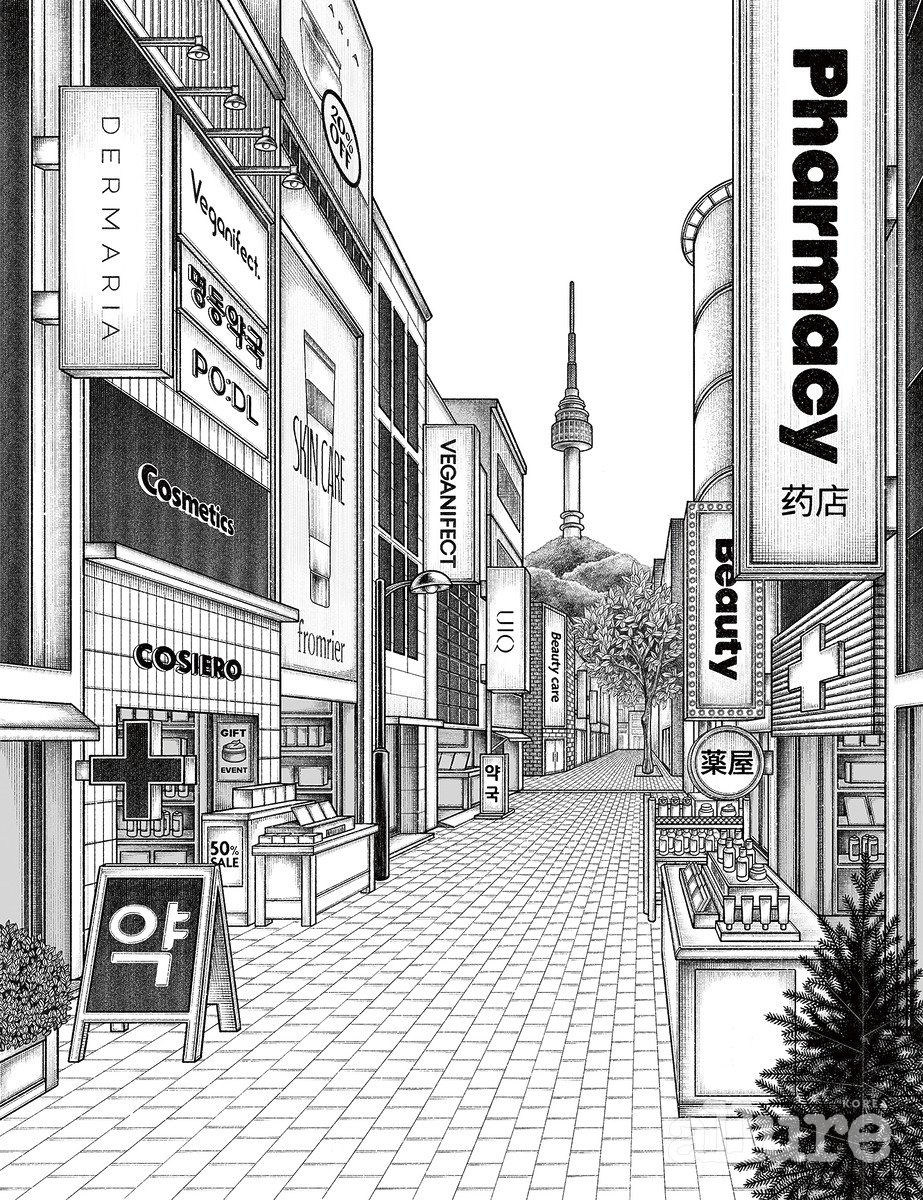 K-Beauty stores and pharmacies lined along Myeongdong Street