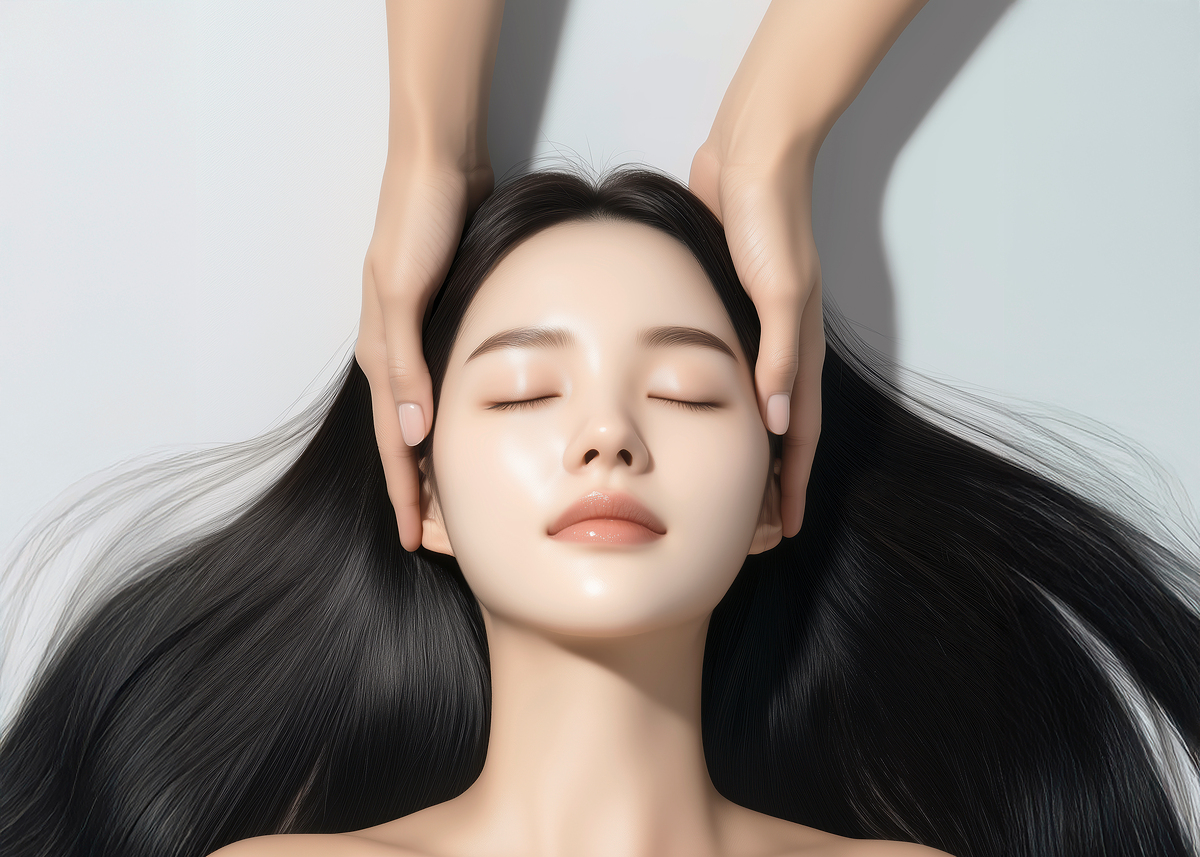 The expert's fingers are performing a scalp massage, while the client is closing their eyes and receiving the treatment with a calm, relaxed expression