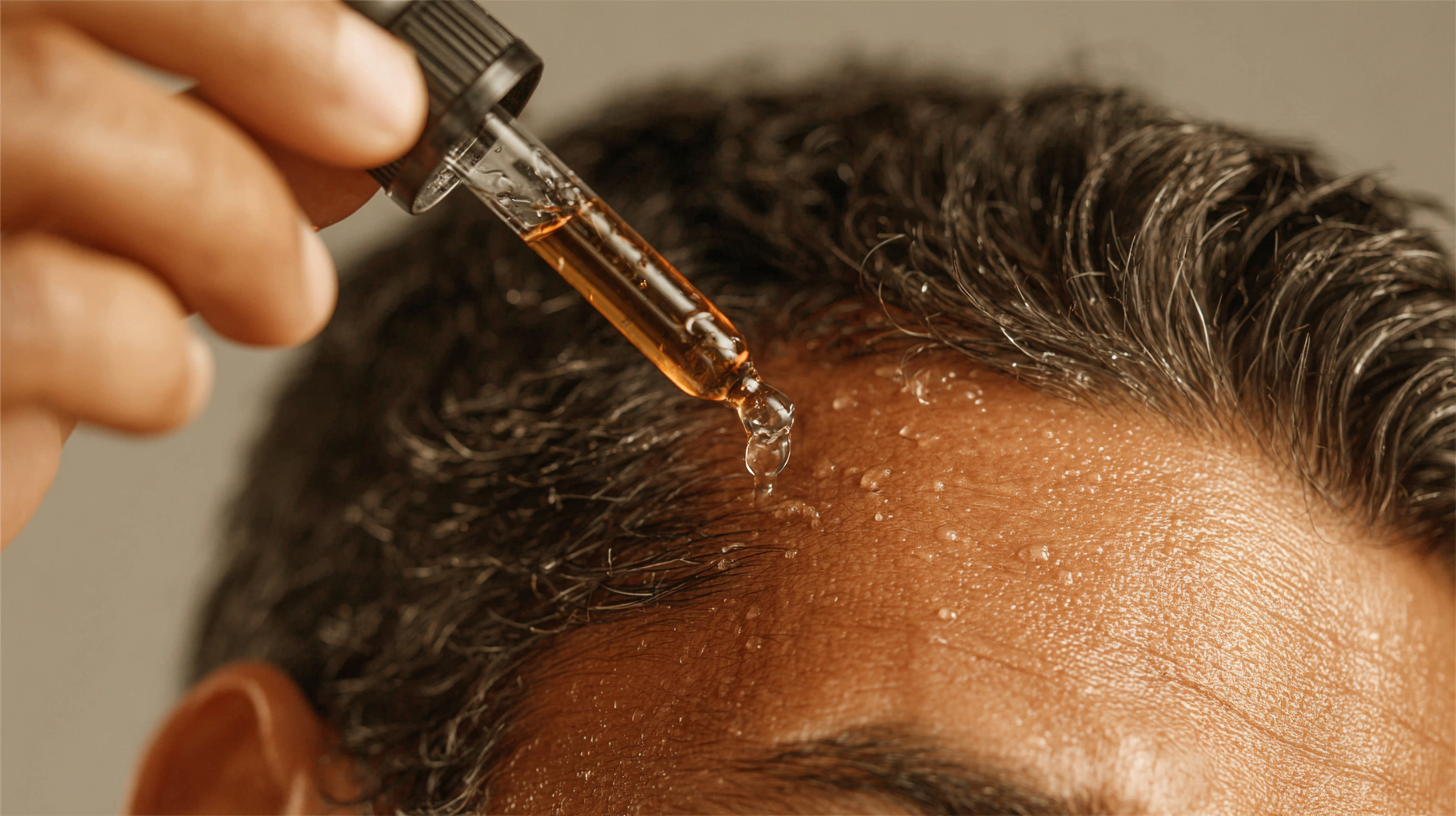 A scene of directly applying a serum-type scalp nutrient onto the scalp