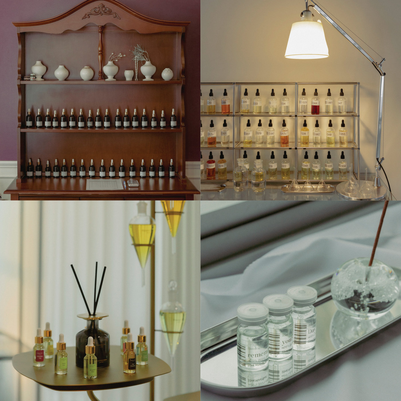 Various customizable fragrance bottle specimens and perfumery tools displayed in the Korea perfume workshop space