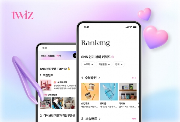 A screen showing SNS-based beauty rankings and personalized curation through the LotteON Twiz app interface