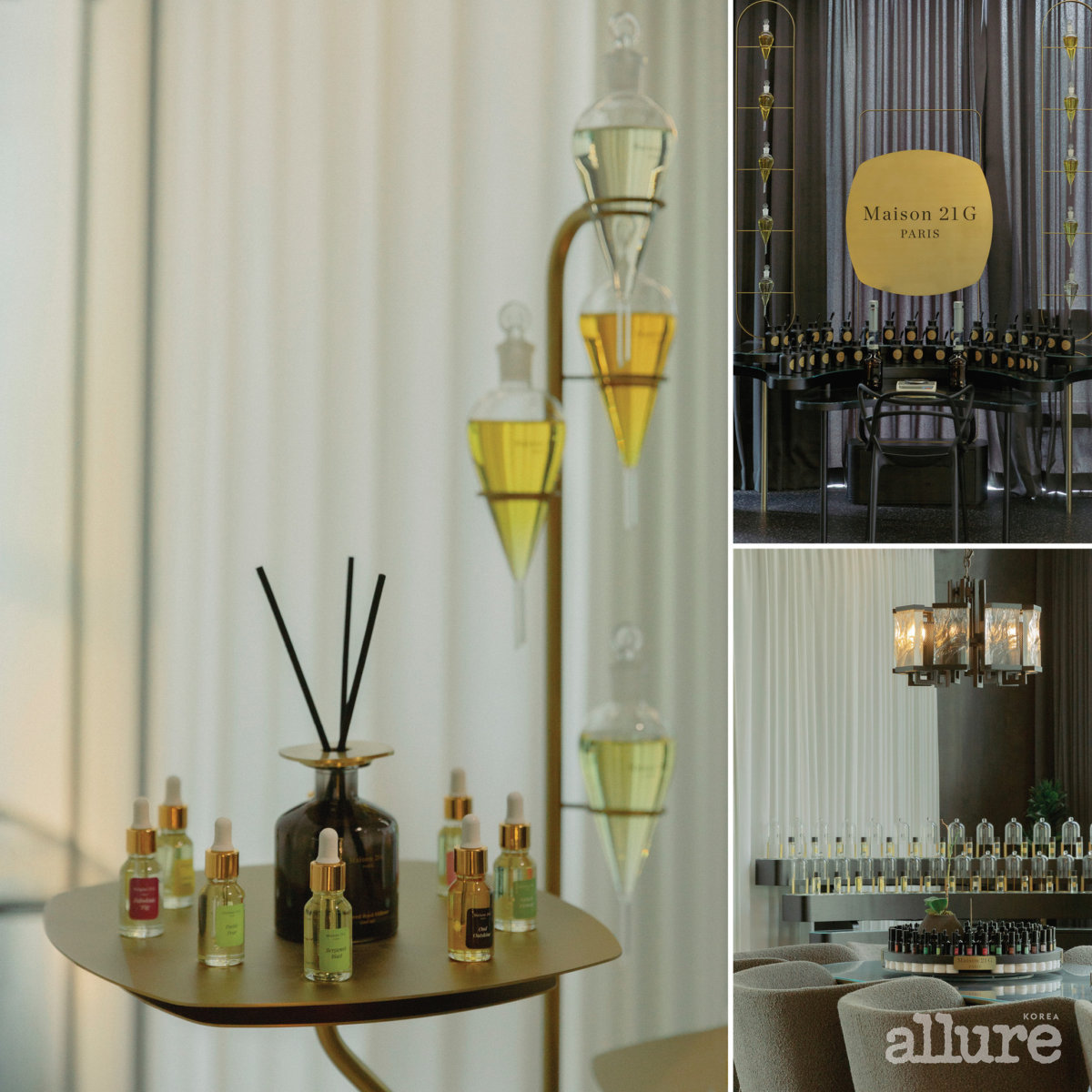 A fragrance-making class in consultation with a perfumer, with a tabletop in front of a bookcase-like storage unit lined up with fragrance ingredient bases