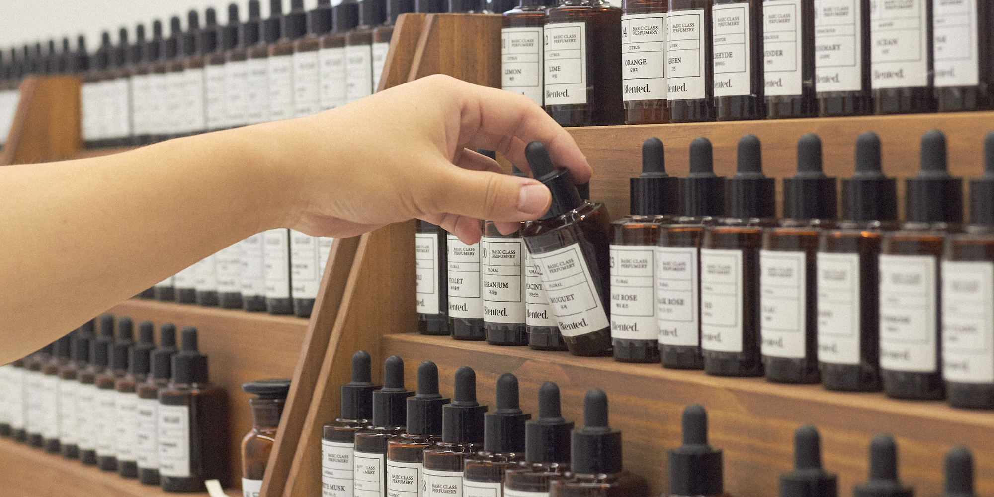 A participant’s hand selecting various fragrance bottles at a perfume-making workshop