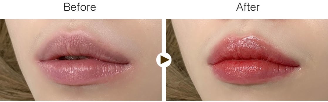 Comparison photos before and after a lip blushing procedure - Before the procedure, pale pink lips; after the procedure, vibrant, deeper pink lips