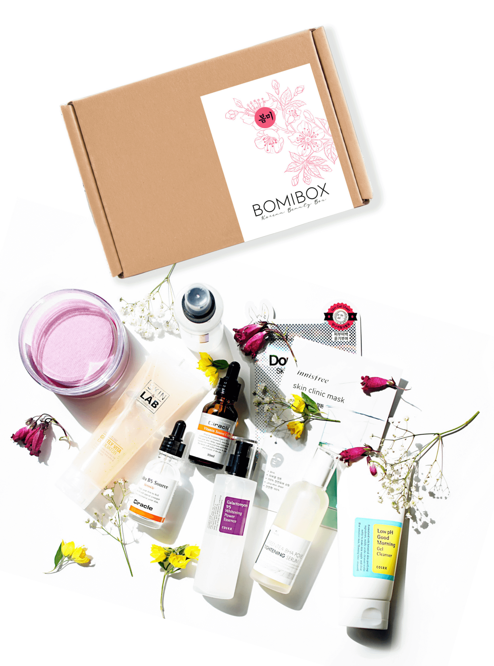 A scene showing Korean skincare products such as Bom i Box with a pink lav-borro design on a beige box, along with cleanser, serum, and mask sheets, arranged on a white background