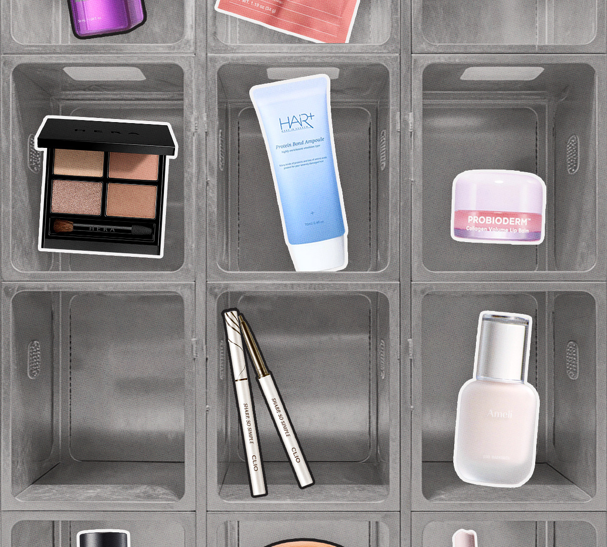 K-Beauty sample box product lineup — HERA eyeshadow, Dr. Jart essence, Probioderma lip balm, and more are individually curated and packed in a transparent box