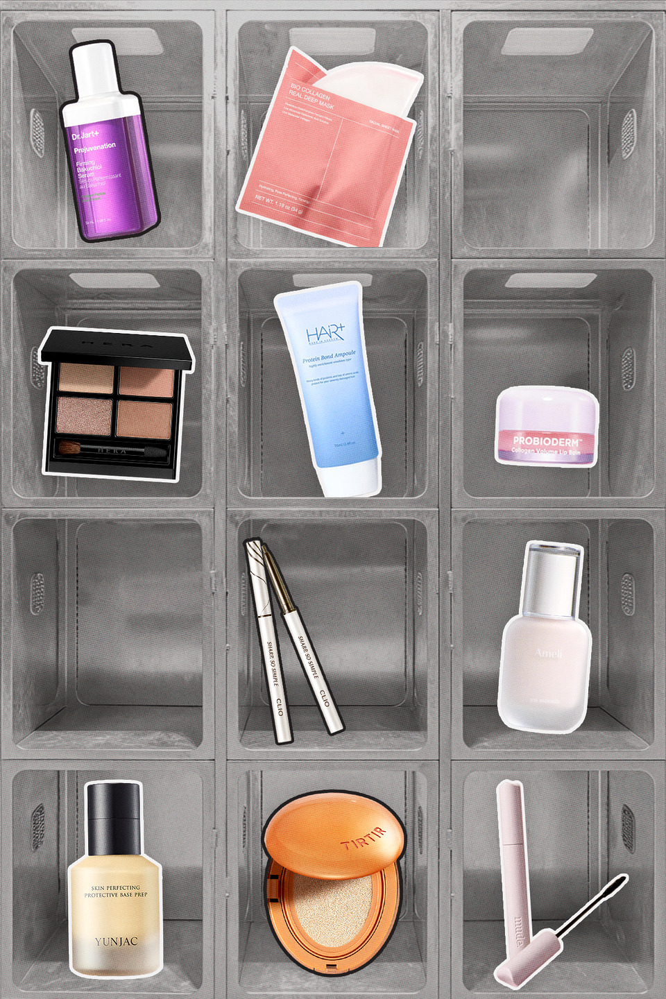 K-Beauty sample box variety lineup — Dr. Jart protection essence, HERA eyeshadow, HART+ ampoule, Probioderma cream, CLIO eyeliner, and more are arranged in transparent dividers