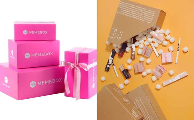 Mimi Box subscription box with stacked pink boxes and beauty products revealed through the contents of the boxes