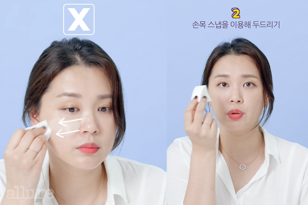 The correct way to apply makeup by tapping a makeup sponge vertically onto the face