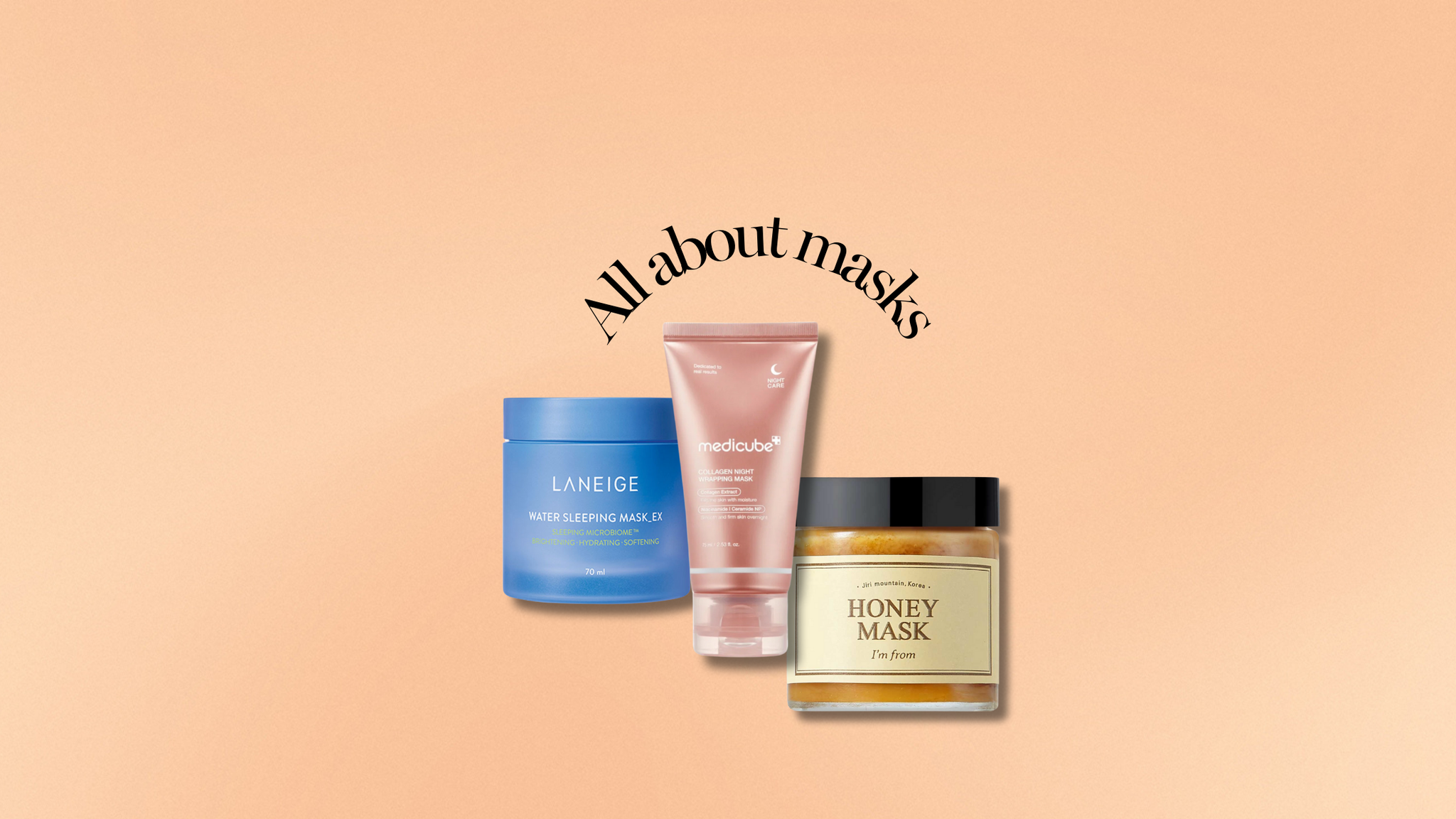 Korean face mask products of various types, such as sleeping masks, jelly masks, wash-off packs, and more