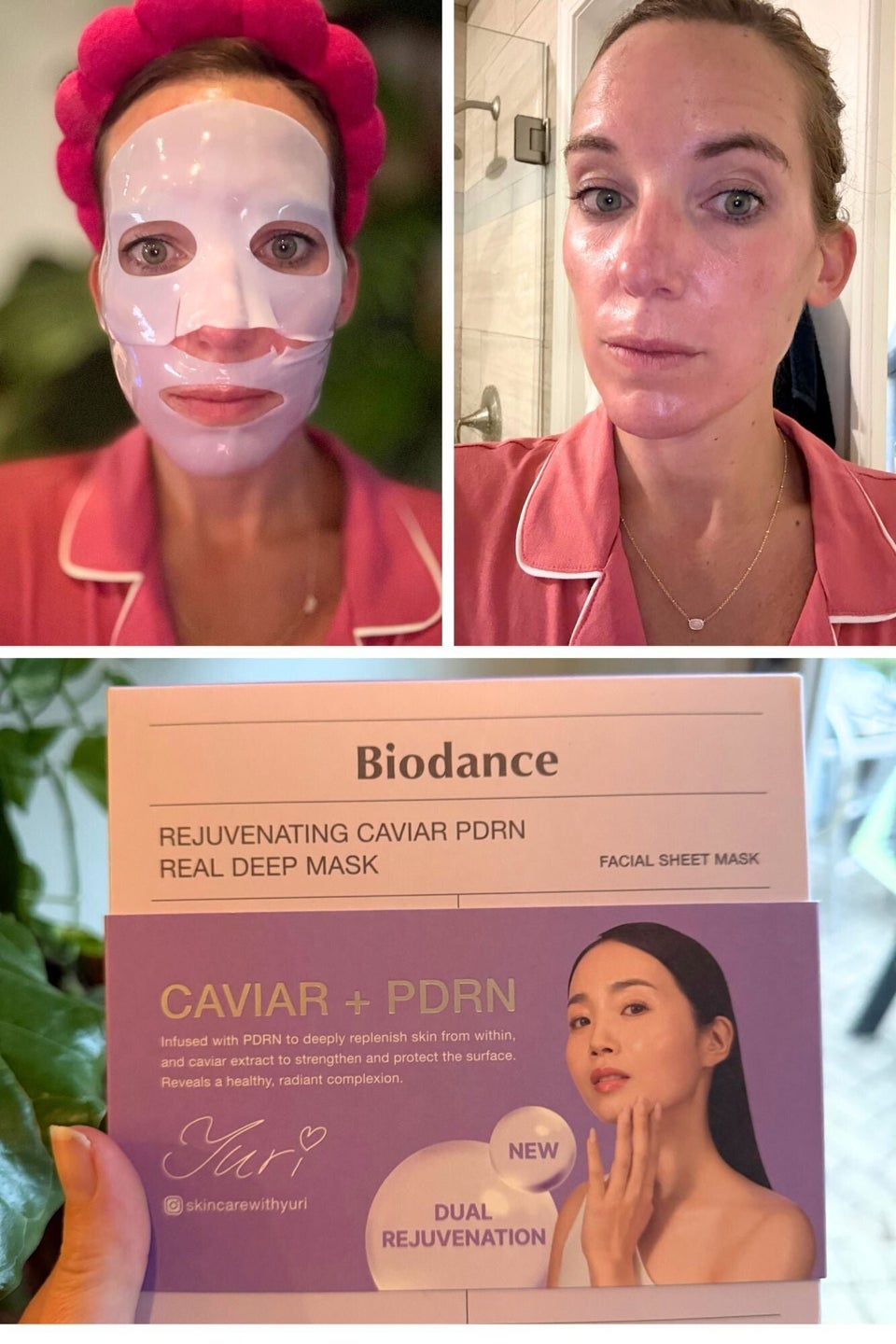 Comparison photos showing changes in skin before and after applying the mask in front of the packaged product