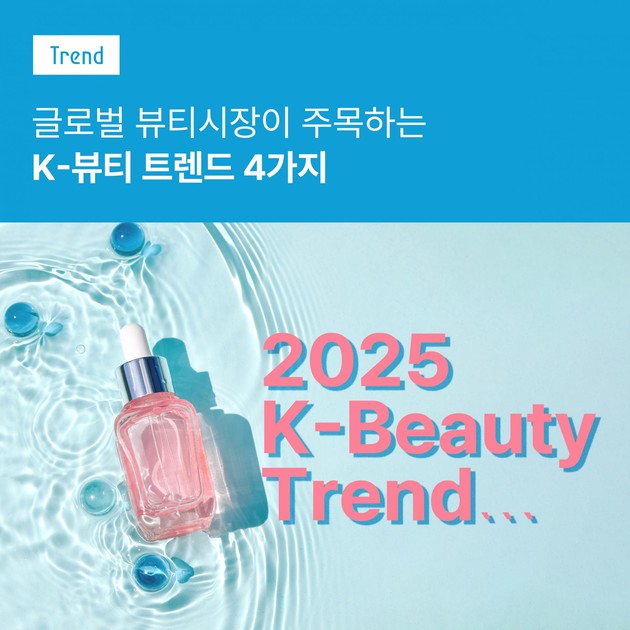 K-뷰티 트렌드를 설명하는 아이콘 이미지로 핑크 색상의 병과 물 위의 구슬들을 표현