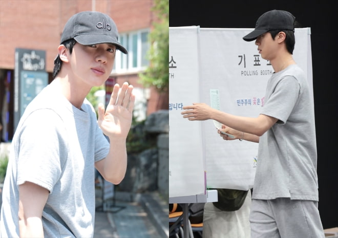 BTS 진, 월드투어 중 귀국해 '소중한 한 표 행사' 포착