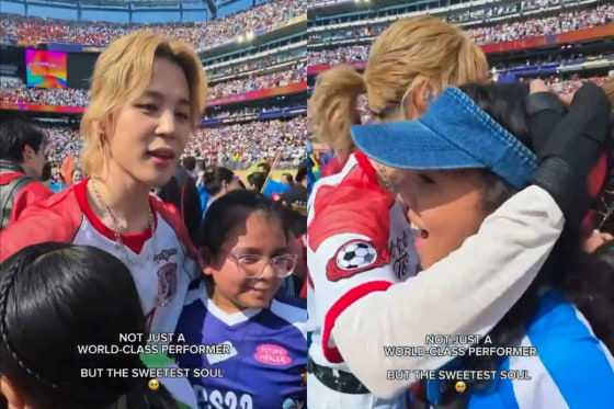 방탄소년단 지민, 월드컵 하프타임 쇼 뒤 어린이들과 교감…전 세계 사로잡은 '피리 부는 사나이'