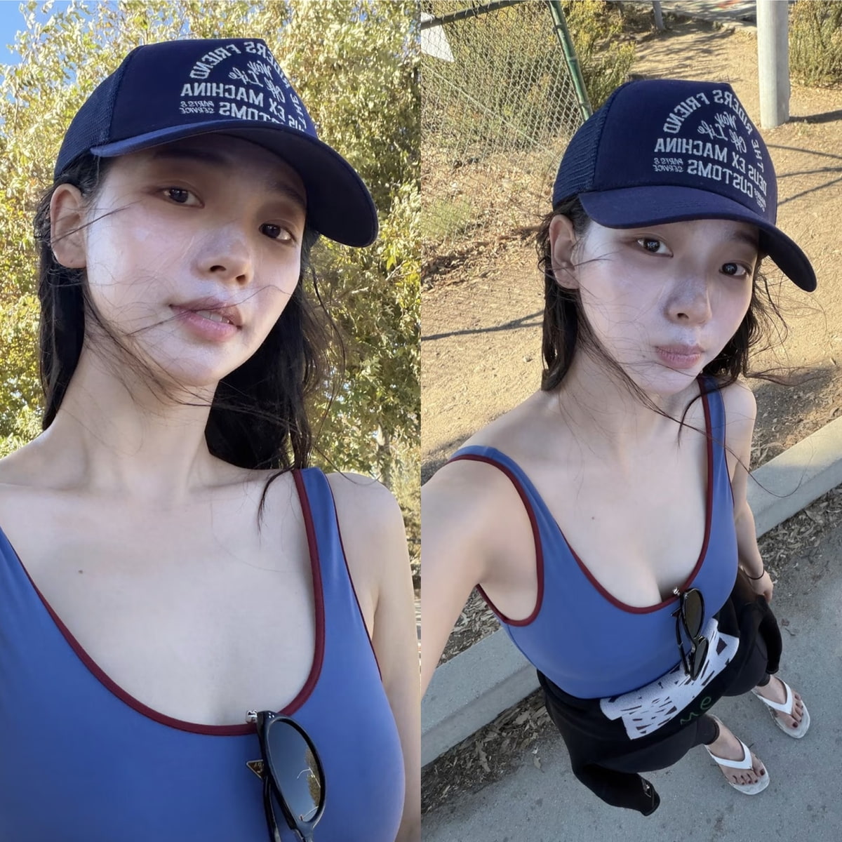 Karina bares her upper body in a surf suit… caught with an extremely bare face, even her sunscreen rubbed off