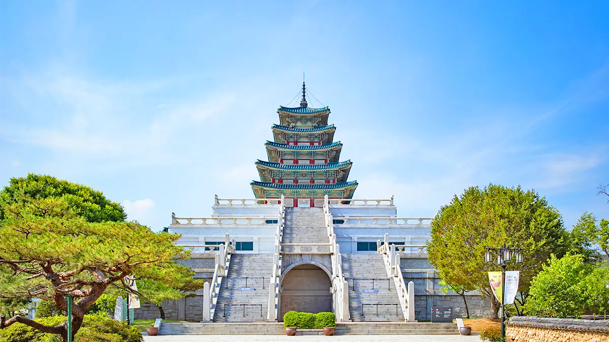 View of the main building of the National Folk Museum of Korea, located within the grounds of Gyeongbokgung