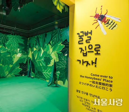 This shows the insect-themed entrance and green play area of the children's experience room Ompang..