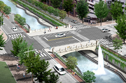 This is a view of the stone embankment promenade and flowing water seen from beneath a bridge over Cheonggyecheon..