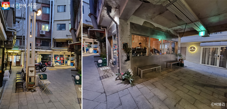 This is an inner alley of Haebangchon Sinheung Market where old buildings stand alongside new shops..