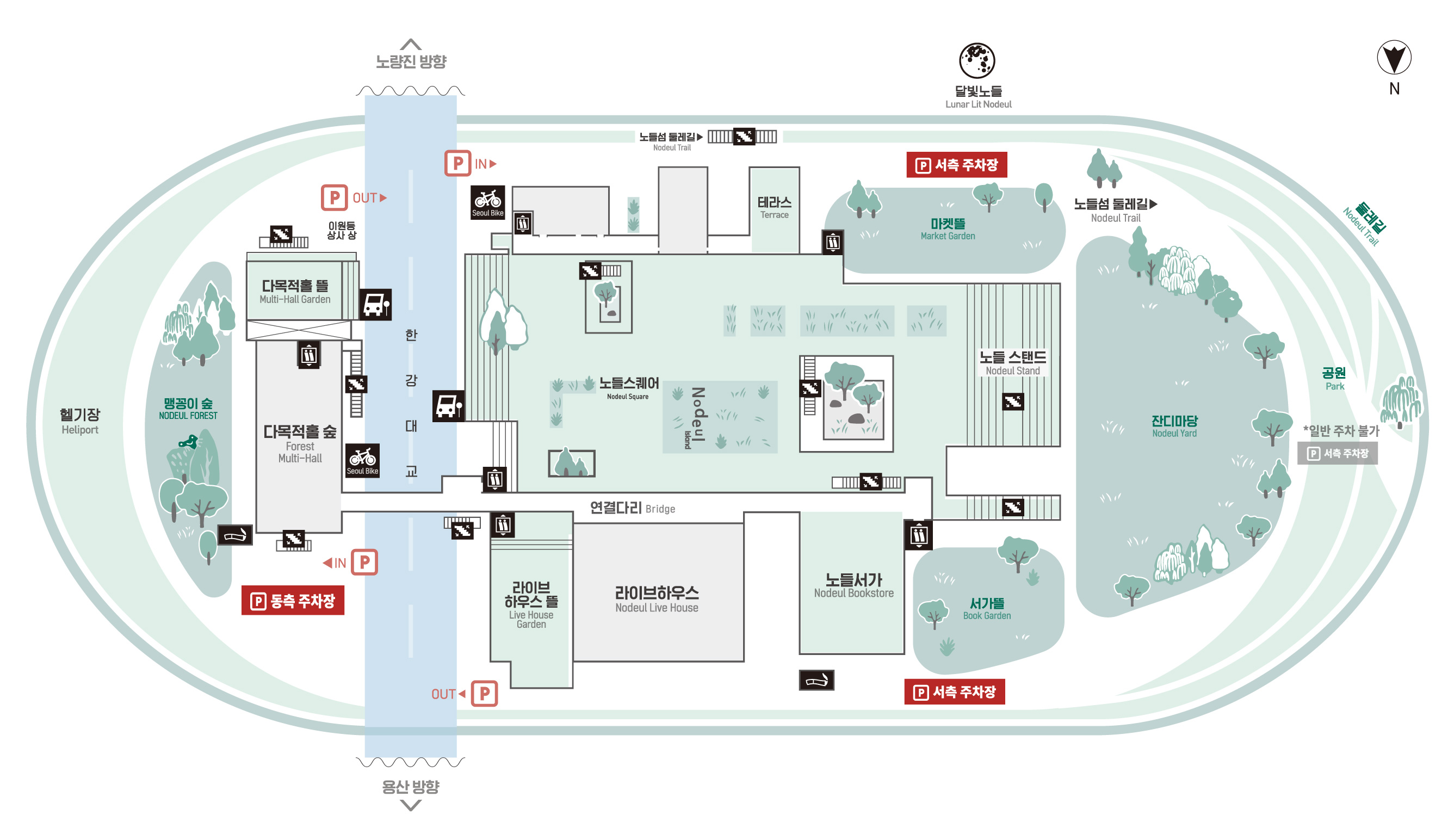 This is a guide map showing the locations of the west and east parking lots of Nodeul Island and the layout of internal facilities..
