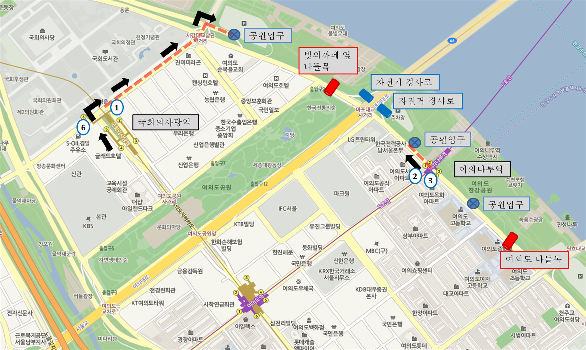 Guide map of entrances to Yeouido Hangang Park.
