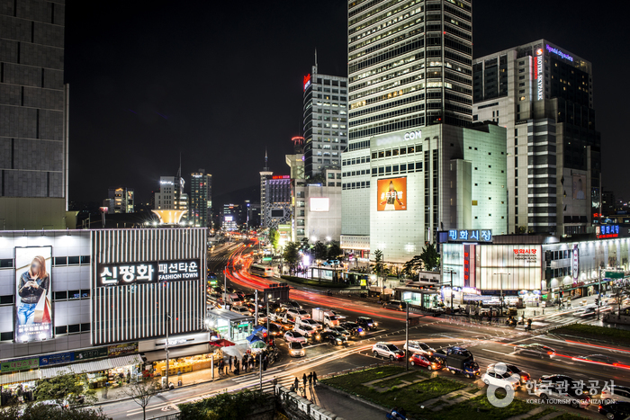 This is a panoramic view of Dongdaemun Jonghap Market and Dongdaemun Shopping Town.