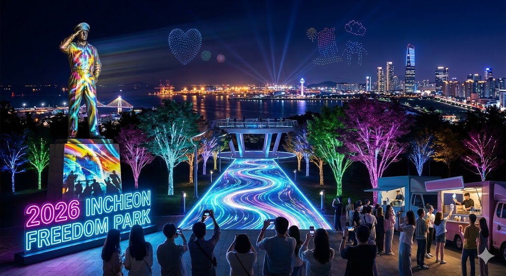 This is the nighttime view of Jayu Park in Incheon..