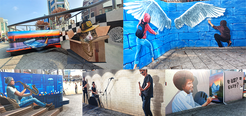 This is an image showing a mural photo zone on Hongdae Street..