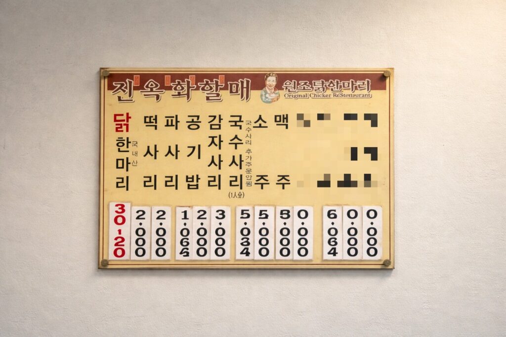 진옥화할매원조닭한마리 메뉴판입니다.