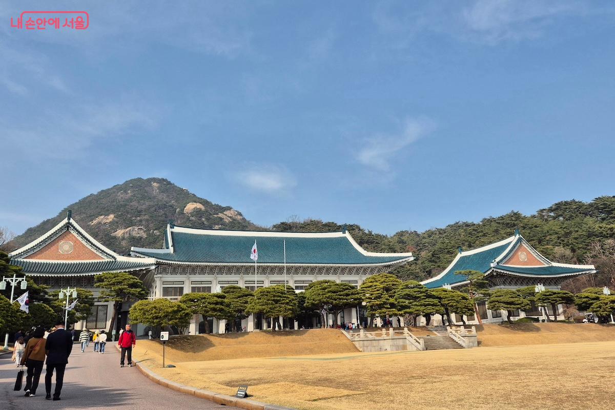 인왕산과 잔디마당을 배경으로 한 청와대 본관 모습입니다.