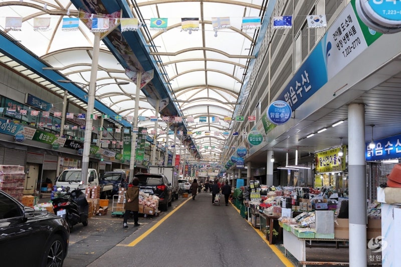 수족관에 활어가 담겨 있는 마산어시장 횟집 앞 풍경