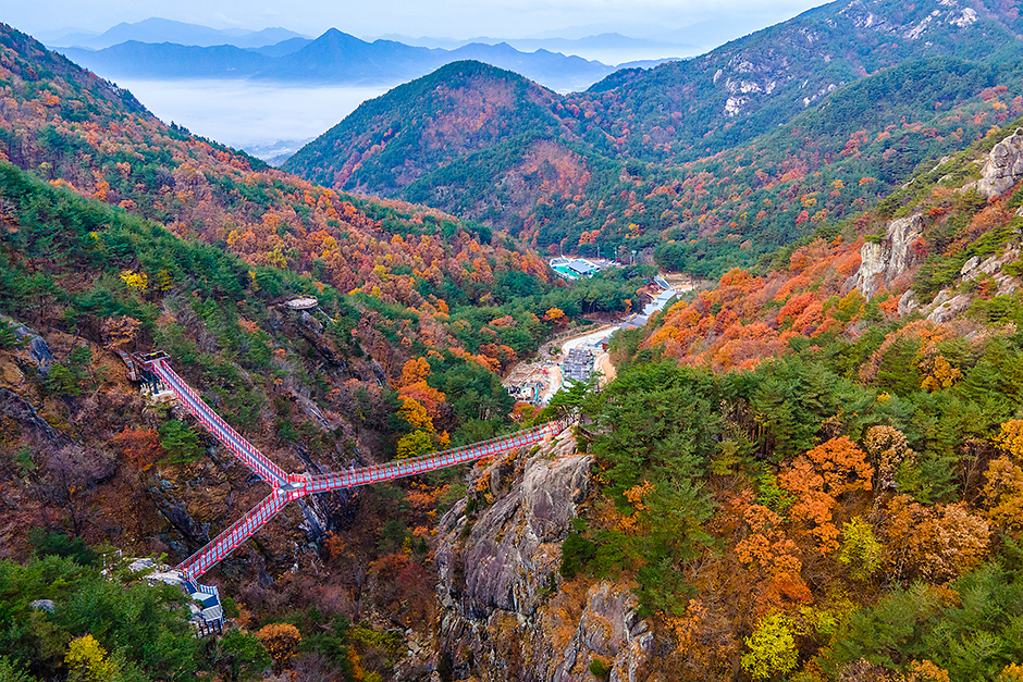우두산 출렁다리와 주변 산세 전경입니다.