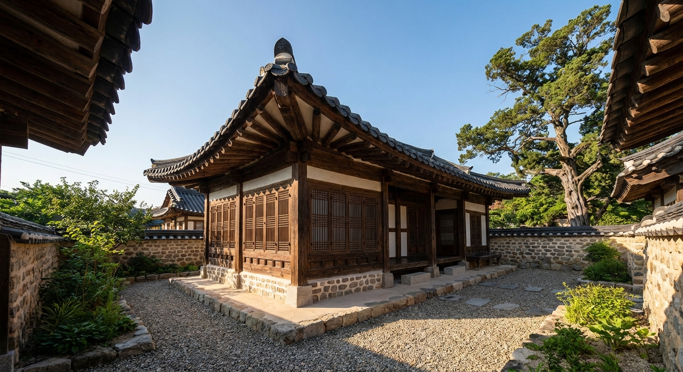 청령포의 복원된 전통 목조 가옥 외부 전경