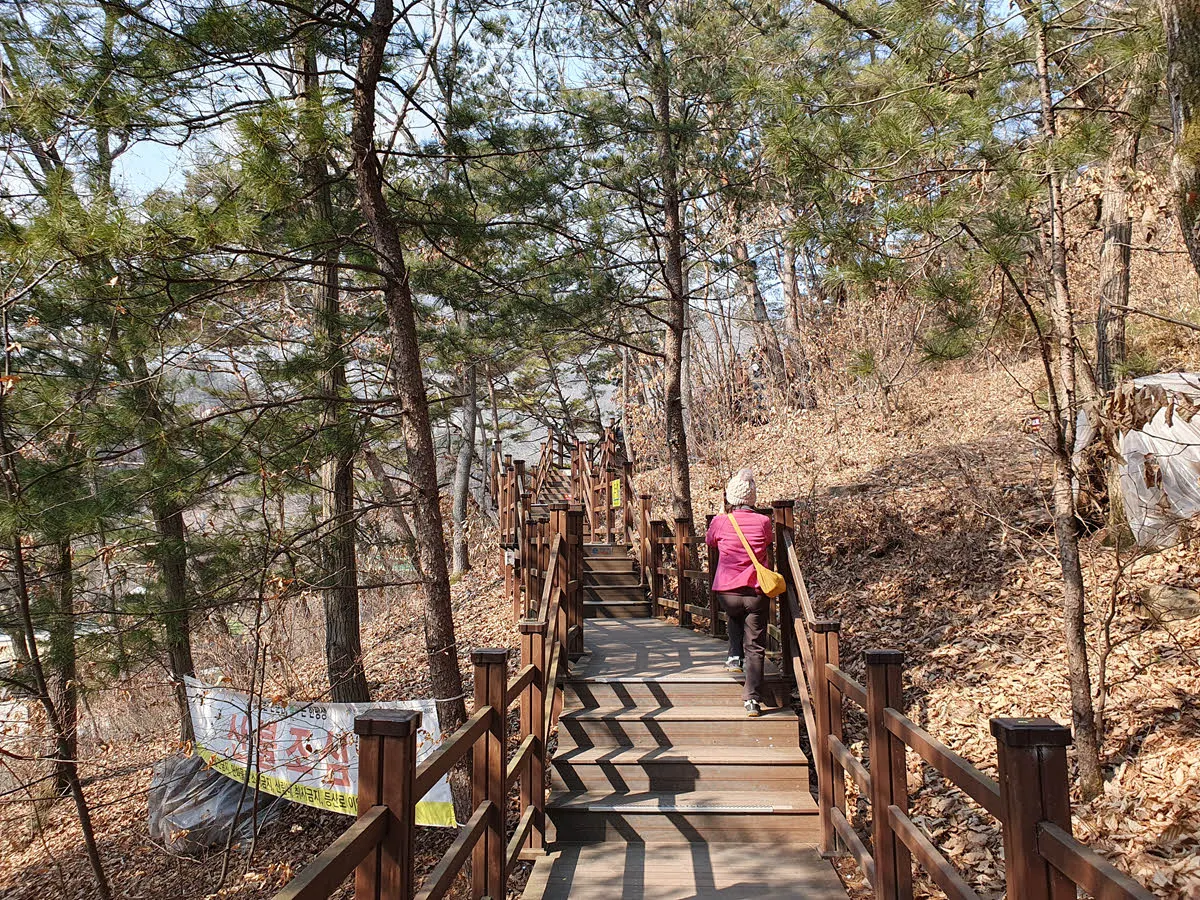 소금산 출렁다리로 가는 데크 계단길 사진입니다.