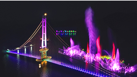 Crossing 402 m of water to meet the 110 m fountain at Yedangho Suspension Bridge