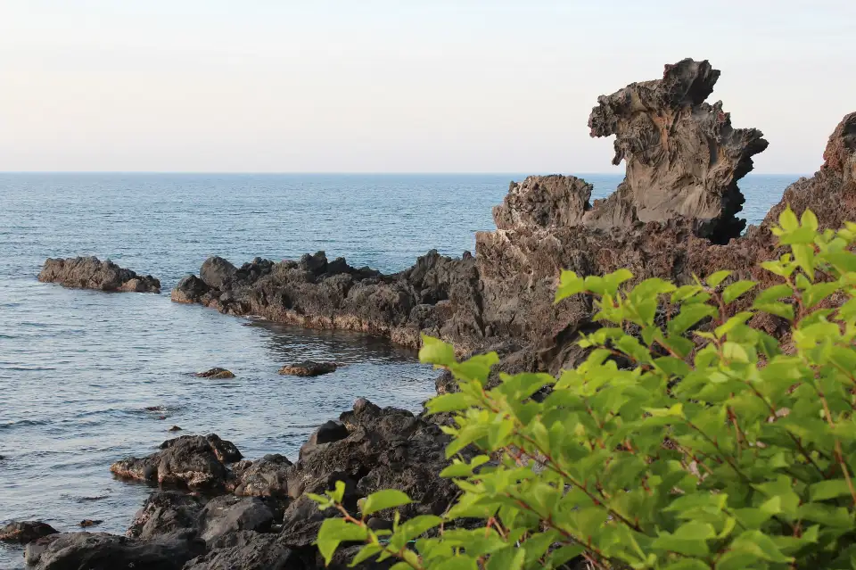 용두암의 거친 화산암 표면과 해안 풍경을 담은 사진입니다.