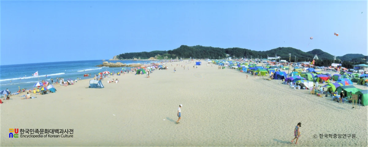하조대해수욕장과 주변 해안 지형을 보여 주는 사진입니다.