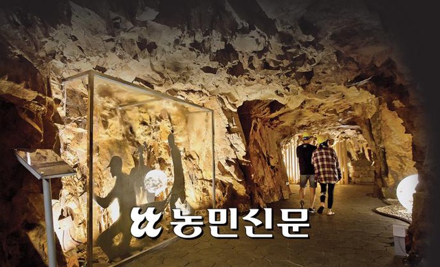 제2동굴의 조명 터널과 동물모형 조명이 보이는 모습입니다.