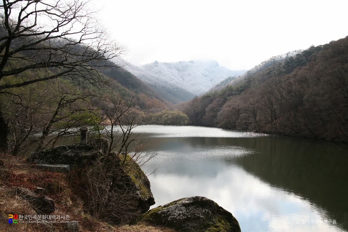 주산지 일원의 저수지와 산림을 보여주는 장면입니다.