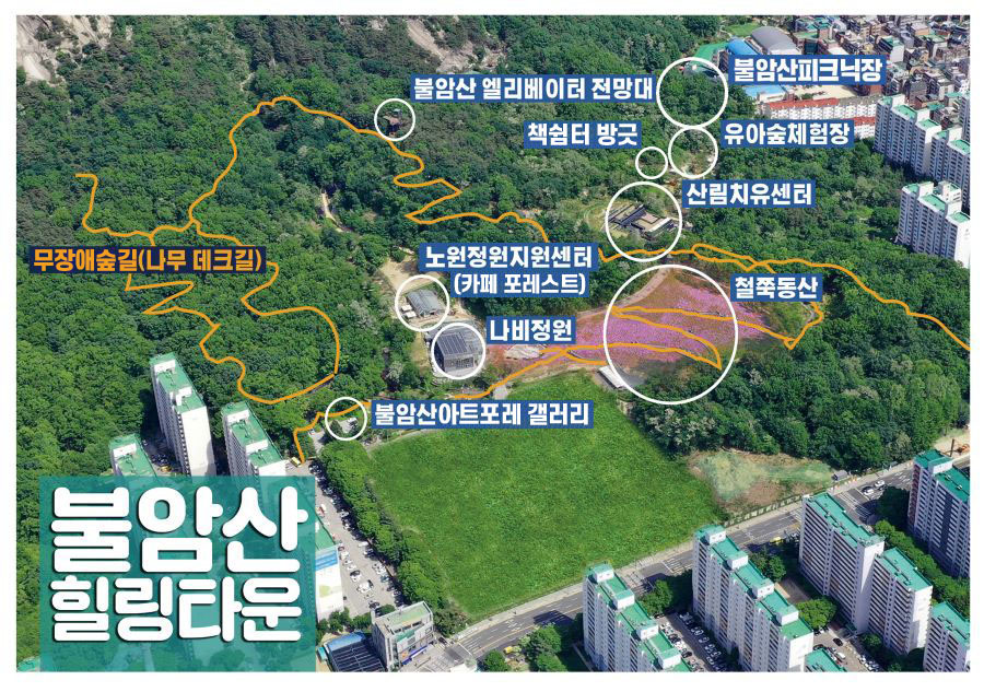 불암산 힐링타운의 시설 배치와 순환산책로 안내도입니다.