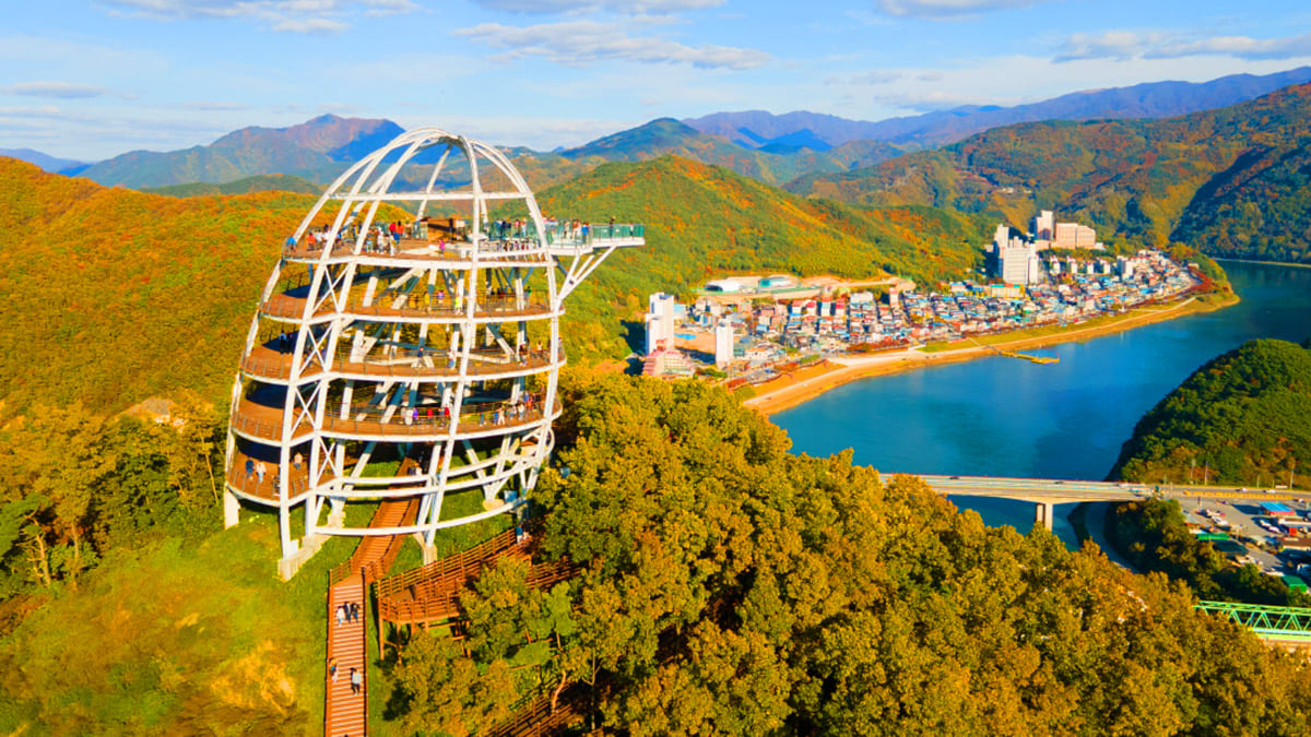 Chungcheongbuk-do Danyang Mandeungha Skywalk cherry blossoms and autumn foliage