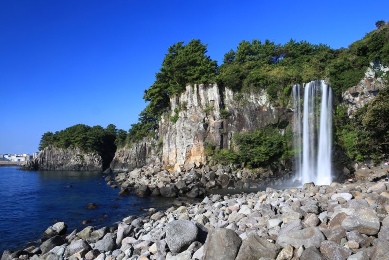 Sogeungbang Waterfall Jeju a small seaside cascade